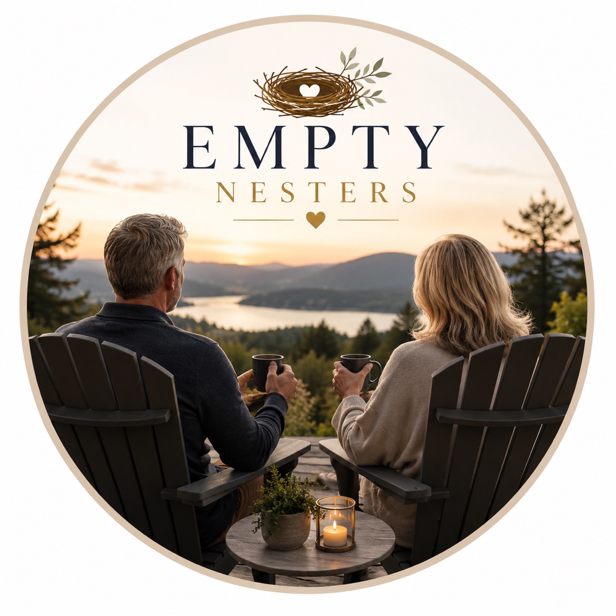 Empty Nesters — a couple enjoying sunset coffee overlooking the water