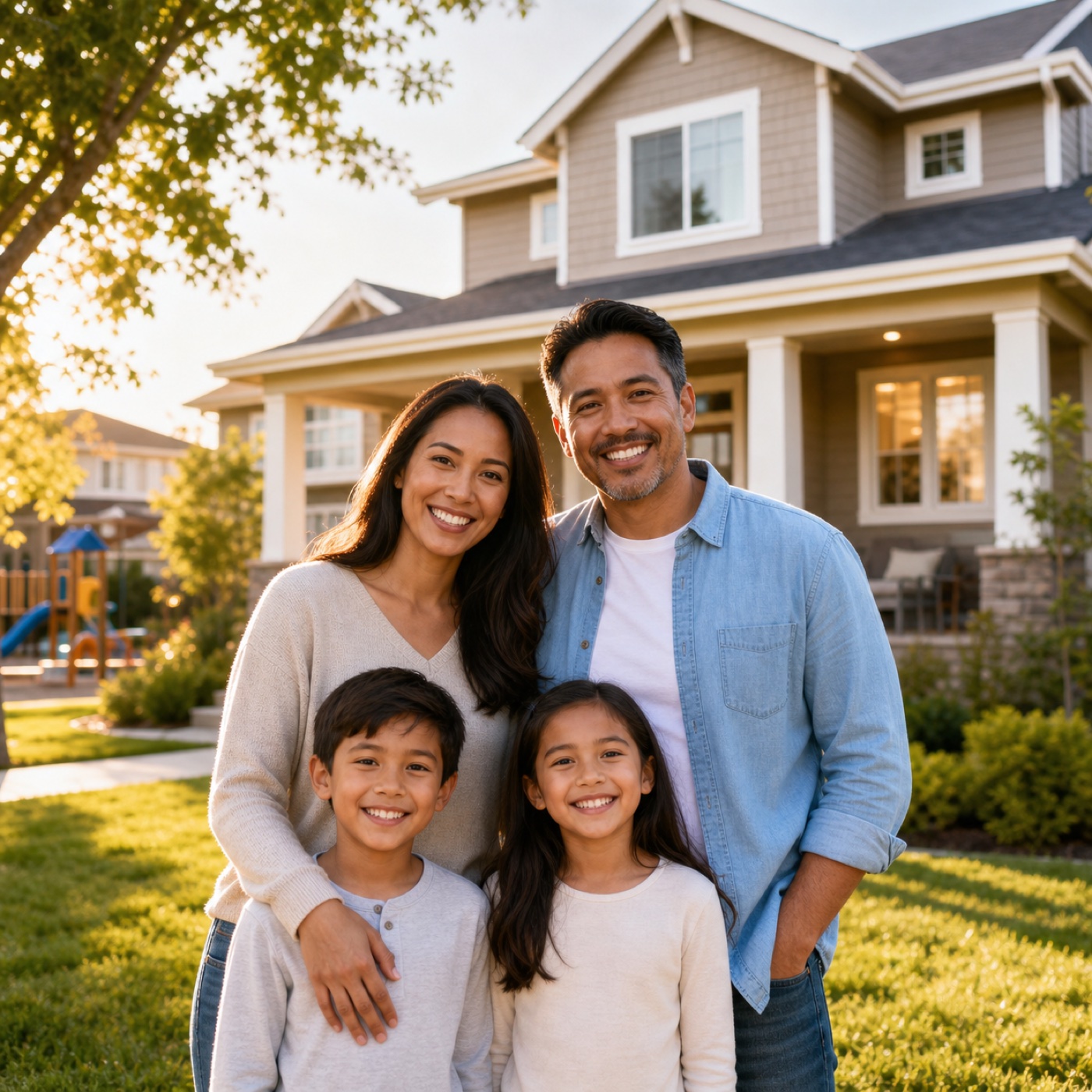 A family of four in front of their Calgary home at golden hour