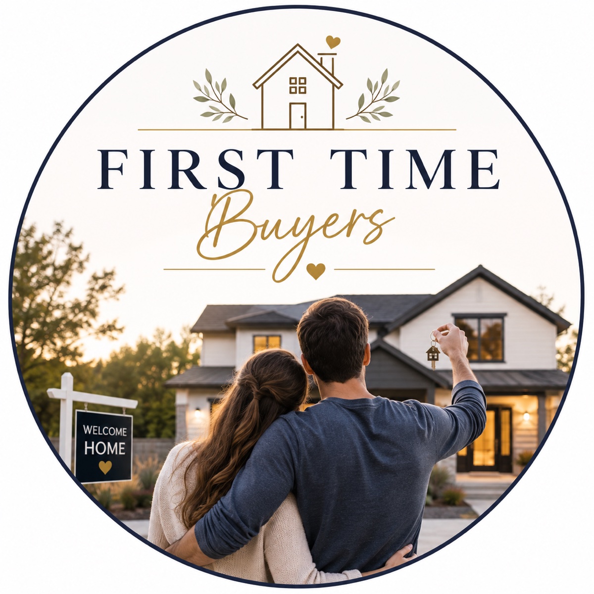 First Time Buyers — a couple with keys in front of their new home